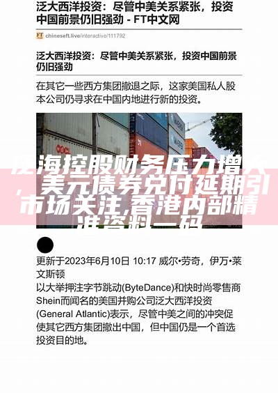 泛海控股财务压力增大，美元债券兑付延期引市场关注, 香港内部精准资料一码